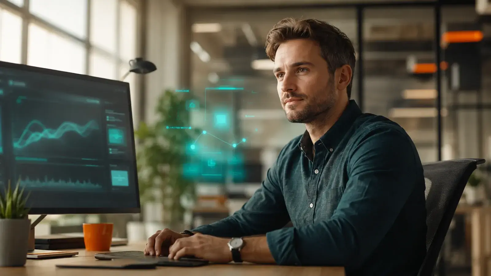 Adatelemző dashboardot értelmez egy modern irodában, mellette diszkrét AI-vizualizáció - a szakma nem eltűnik, hanem átalakul