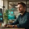 Adatelemző dashboardot értelmez egy modern irodában, mellette diszkrét AI-vizualizáció - a szakma nem eltűnik, hanem átalakul