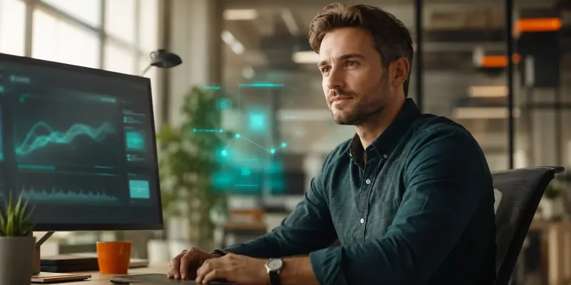 Adatelemző dashboardot értelmez egy modern irodában, mellette diszkrét AI-vizualizáció - a szakma nem eltűnik, hanem átalakul